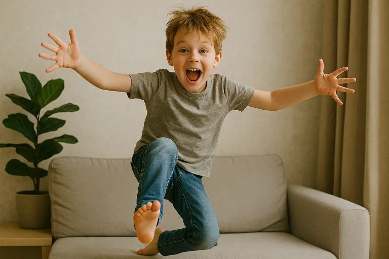 Menino de aproximadamente seis anos salta energicamente em um sofá com expressão de euforia, braços abertos e cabelos bagunçados, ilustrando um momento típico de hiperatividade infantil.