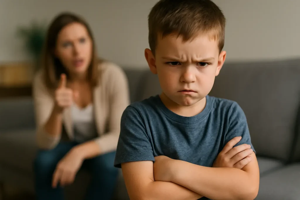 Menino de aproximadamente 8 anos com expressão desafiadora e braços cruzados encara a câmera, enquanto uma mulher desfocada ao fundo, possivelmente sua mãe, gesticula com preocupação, representando um momento típico de confronto relacionado ao transtorno opositor desafiador.