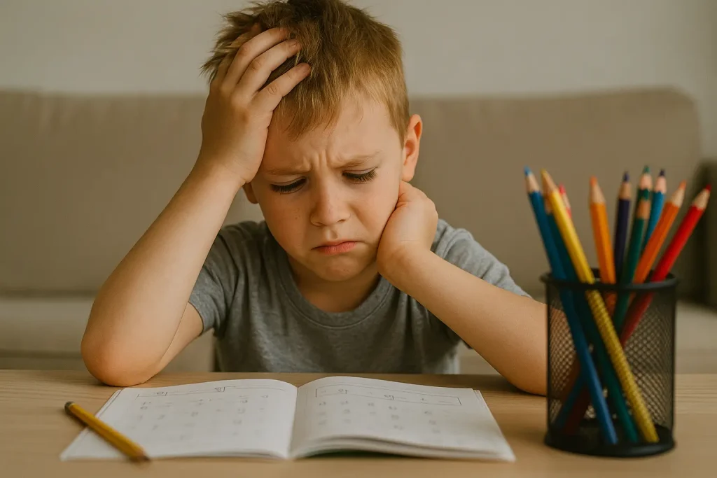 Menino de pele clara e expressão frustrada tenta se concentrar enquanto faz a lição de casa, com uma das mãos na cabeça e lápis de cor espalhados ao lado, simbolizando a dificuldade de atenção típica do TDAH.