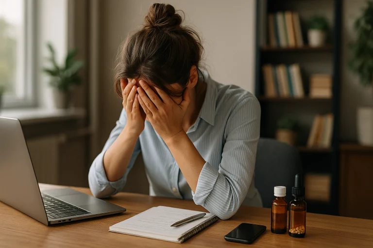 Mulher exausta sentada em uma mesa de trabalho, com o rosto entre as mãos, laptop e frascos de homeopatia sobre a mesa, simbolizando estresse e busca por equilíbrio emocional.