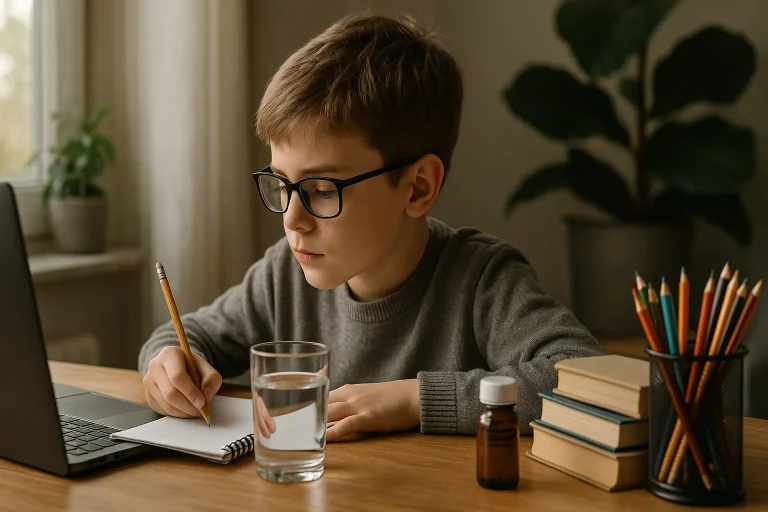 Criança estudando em casa, sentada à mesa com caderno e lápis, concentrada enquanto usa um notebook; ao lado, livros, copo de água e frasco de medicamento natural, em ambiente iluminado e acolhedor.
