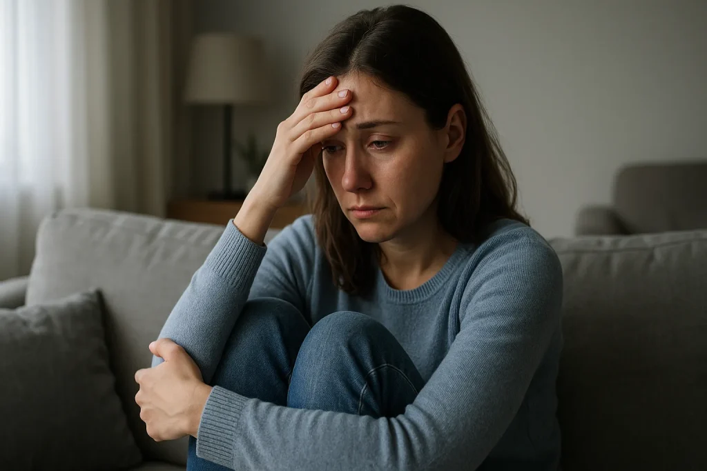 Mulher sentada em um sofá, com expressão triste e olhar cansado, apoiando a mão na testa em um gesto de preocupação; ambiente doméstico iluminado suavemente, transmitindo reflexão e melancolia.