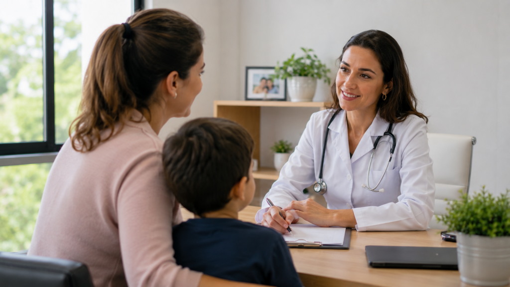 Médica de família atendendo mãe e filho em consulta, representando o cuidado integral e o acompanhamento da saúde familiar no Distrito Federal.